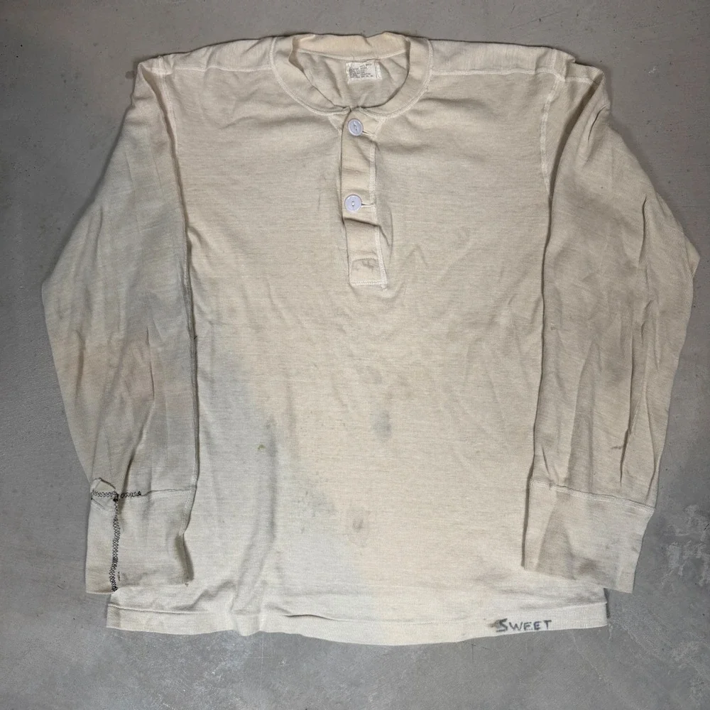 70s vietnam military issue Winter Undershirt Wool Cotton Henley Named Large